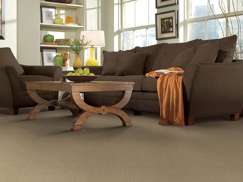 Carpeted flooring in a traditional living room